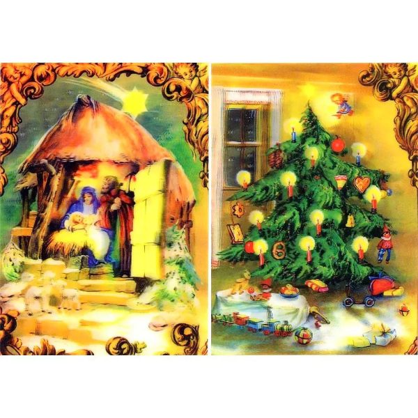 Jesus Nativity & Christmas Tree - 2 3D Postcard Lenticular Greeting Cards - NEW For Sale